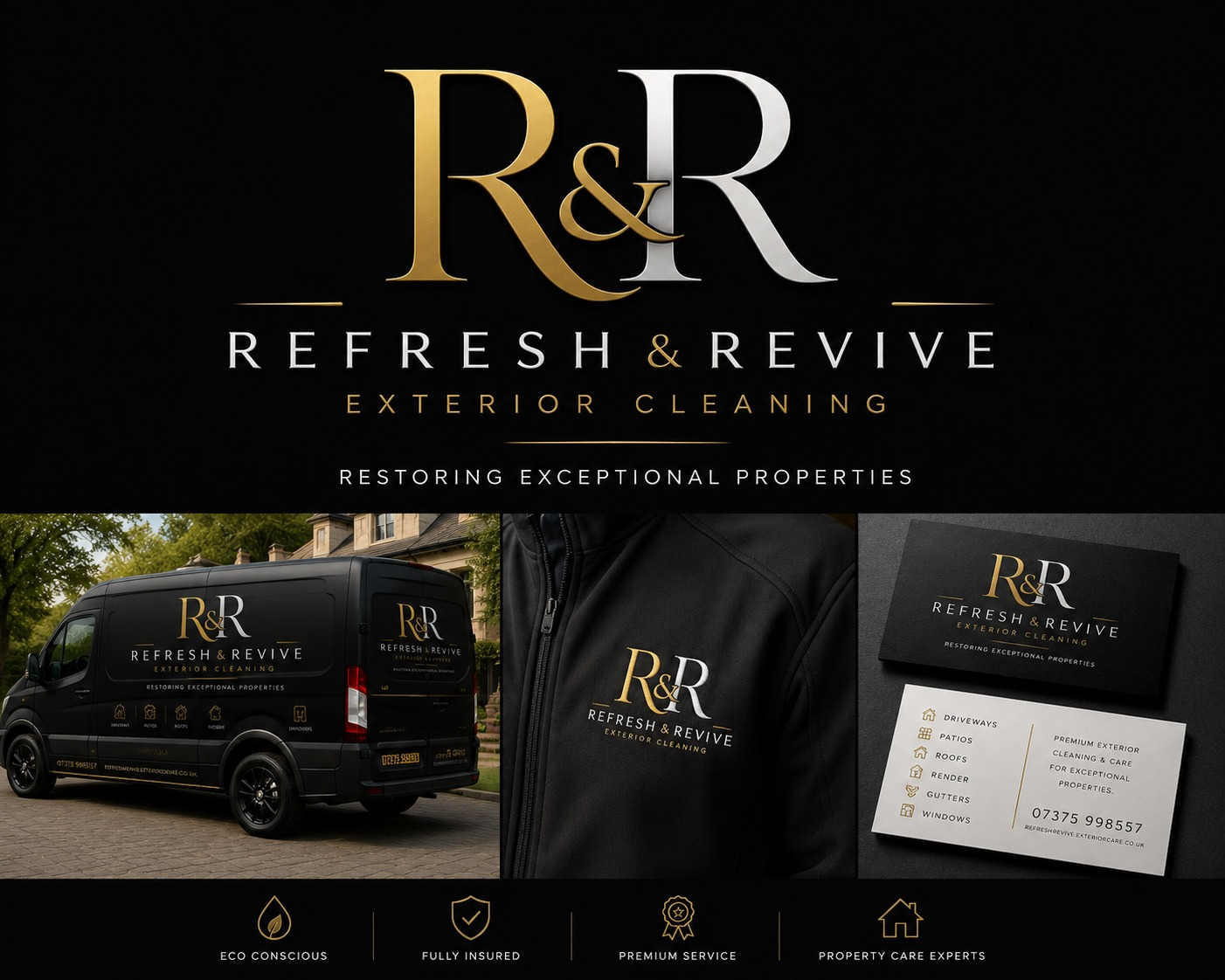 Refresh & Revive Exterior Cleaning: signature branded van, uniform and business card