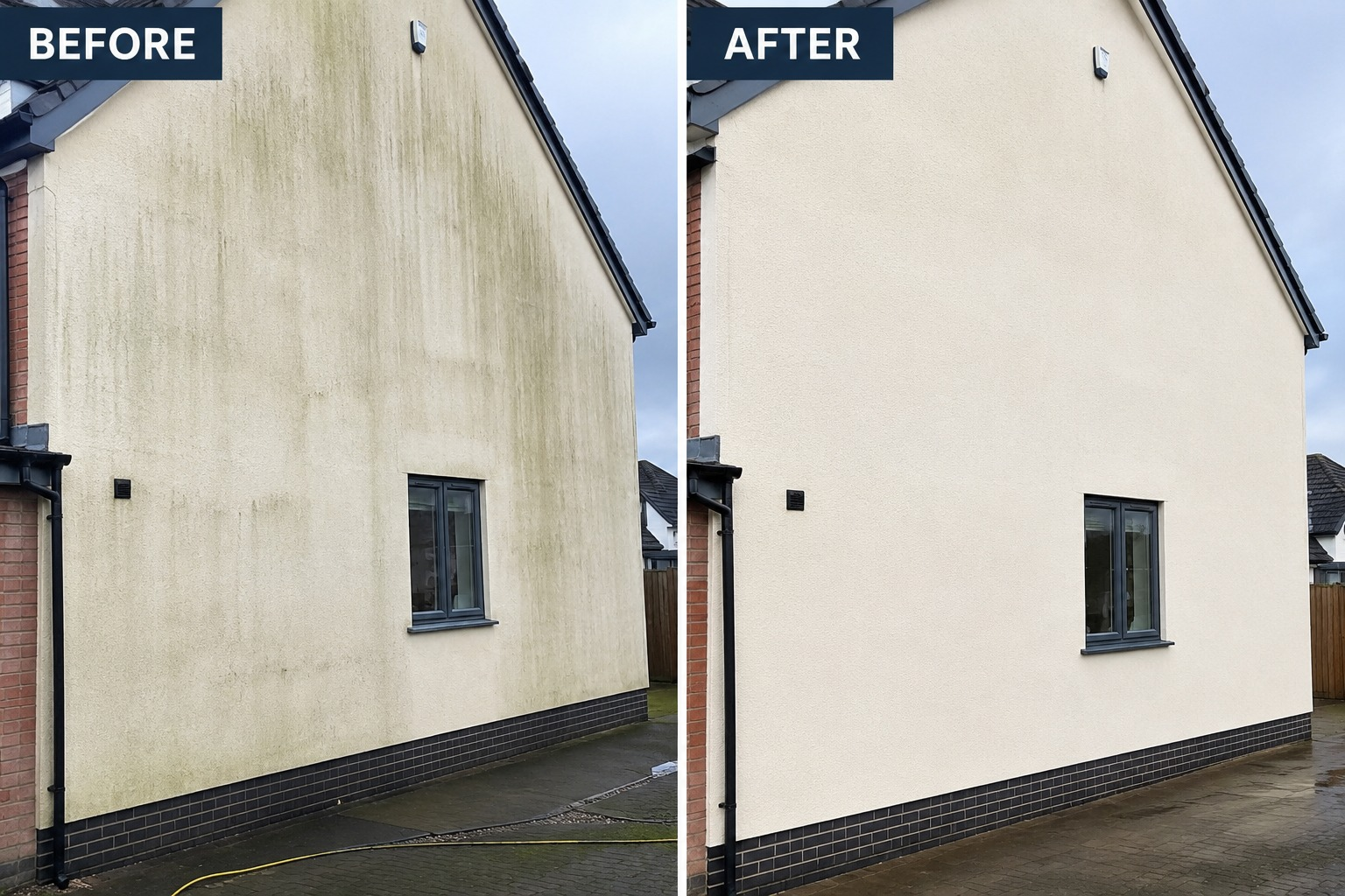 Render soft-wash before and after: algae and streaking removed from a house gable in Cheshire